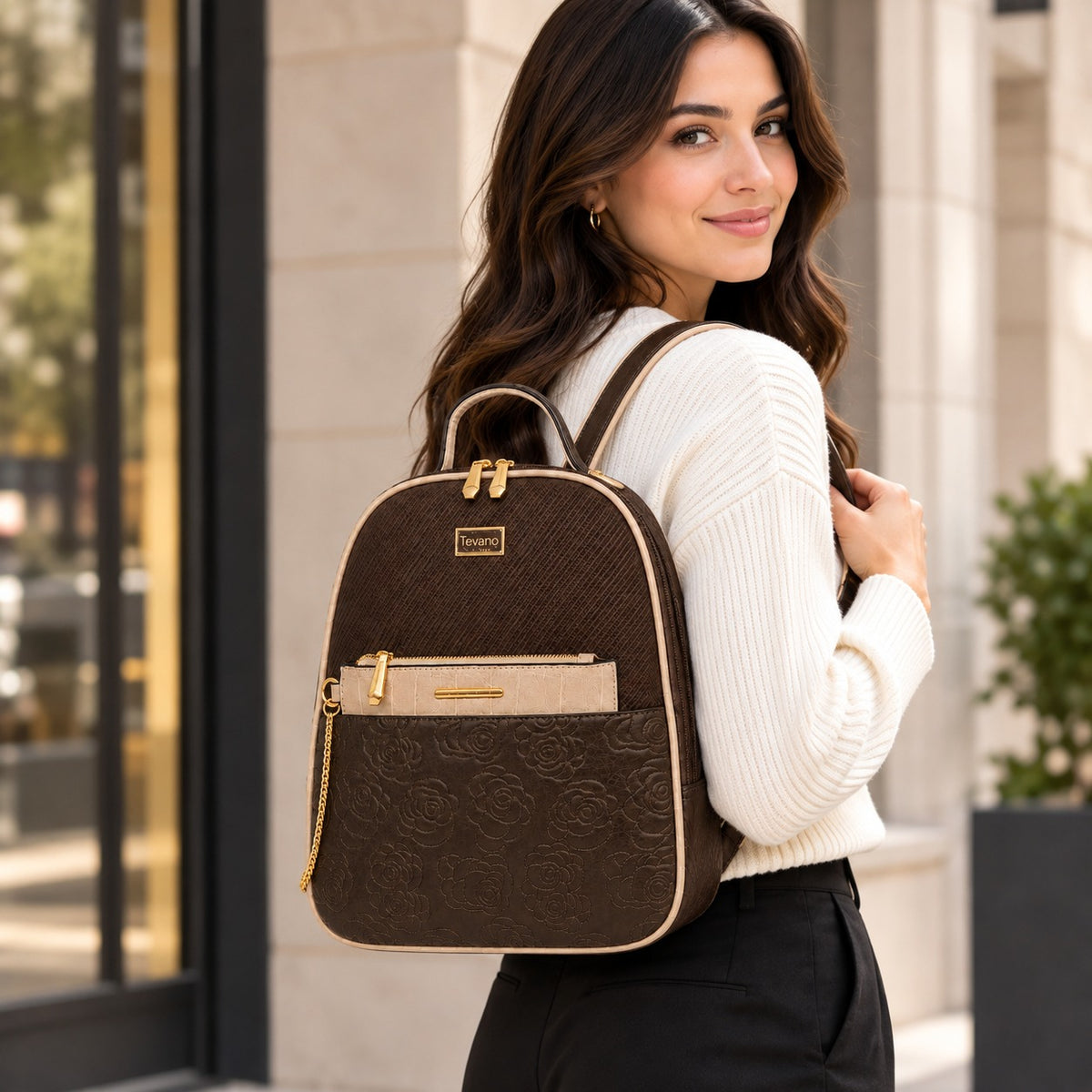 Tevano Floral Embossed Backpack