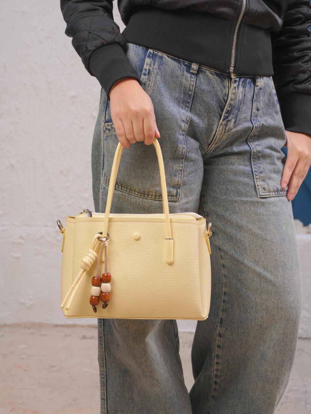 Tevano Structured Leather Tote Bag – Soft Yellow Pastel Everyday Tote