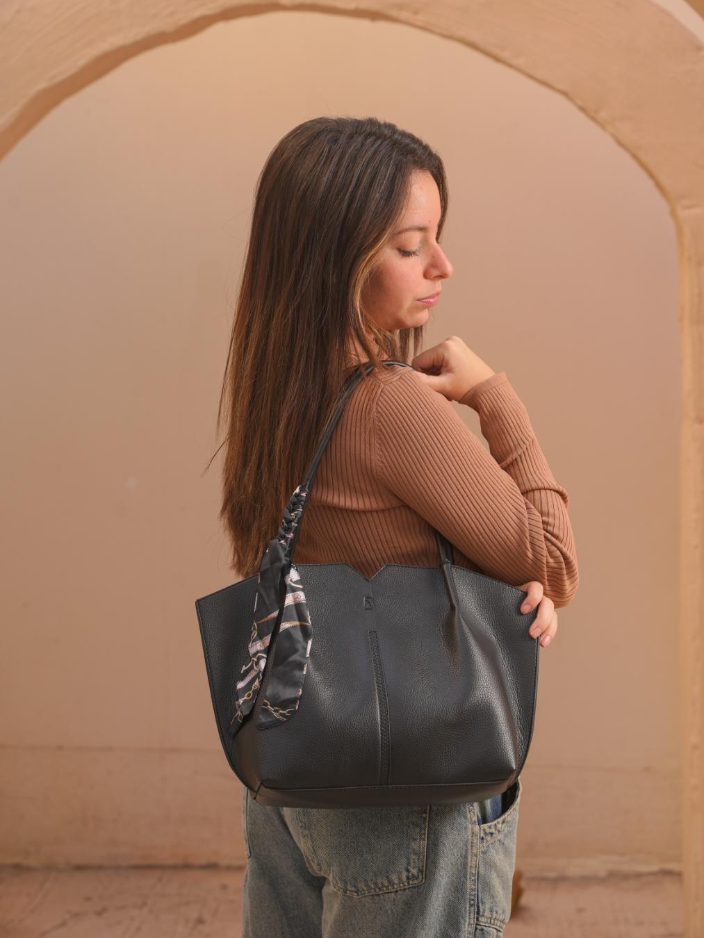 Tevano Large Black Shoulder Tote Bag – Minimal Everyday Carryall