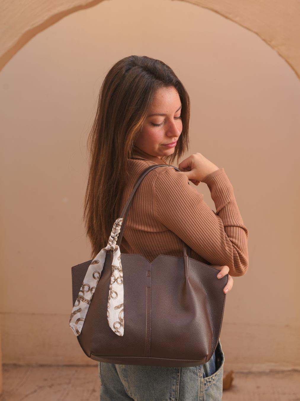 Tevano Large Soft Tote Bag – Dark Chocolate Brown Scarf Detail Shoulder Tote