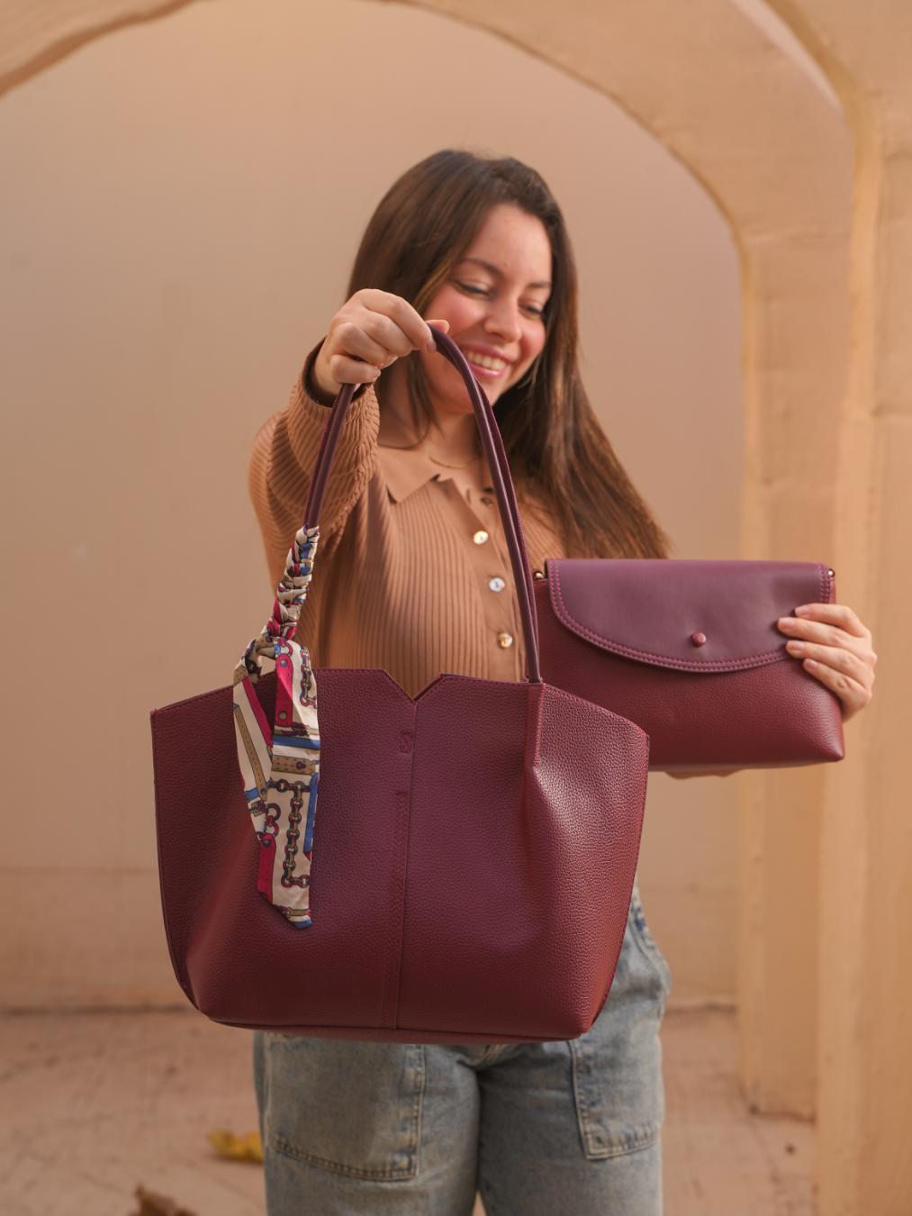 Tevano Oversized Tote Bag + Matching Clutch – Burgundy Everyday Set