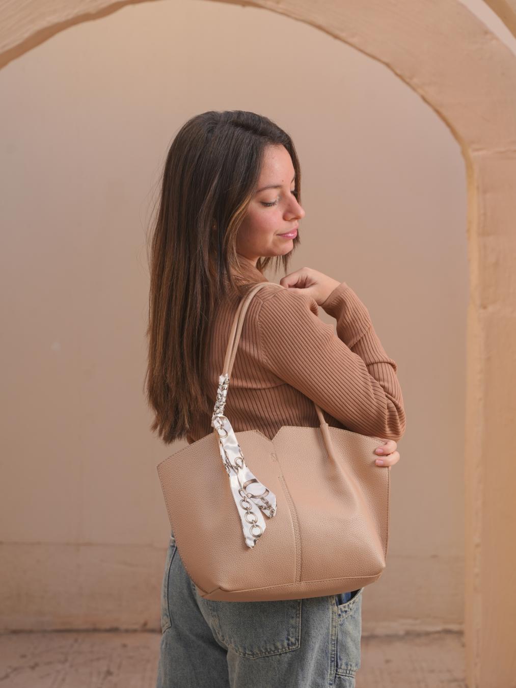 Tevano Structured Tote & Matching Pouch – Soft Beige Elegant Set