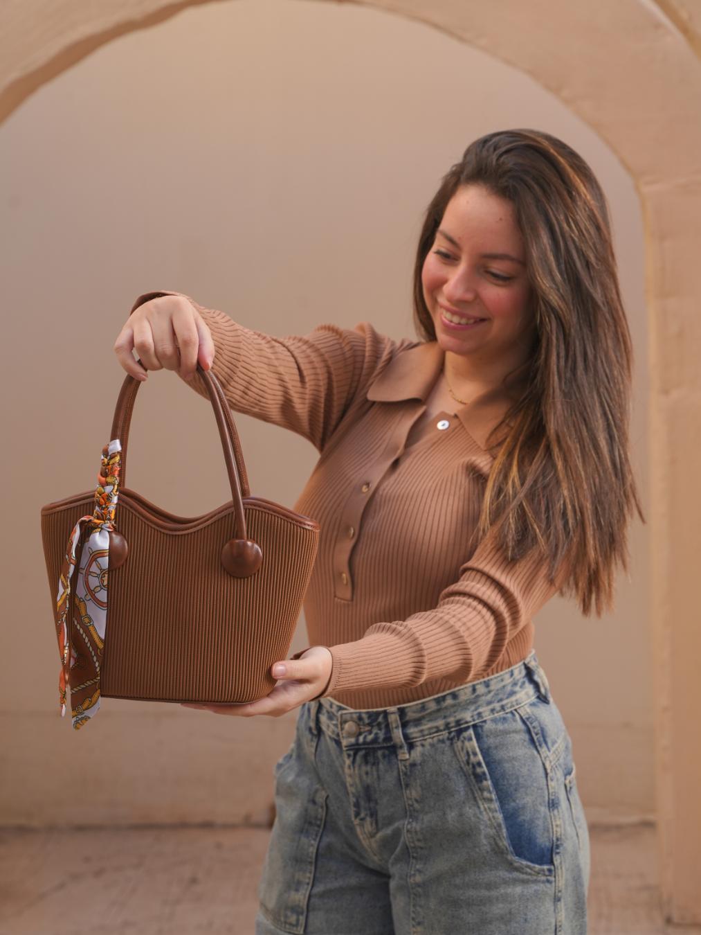 Tevano Mini Textured Tote Bag – Warm Brown Elegant Everyday Bag