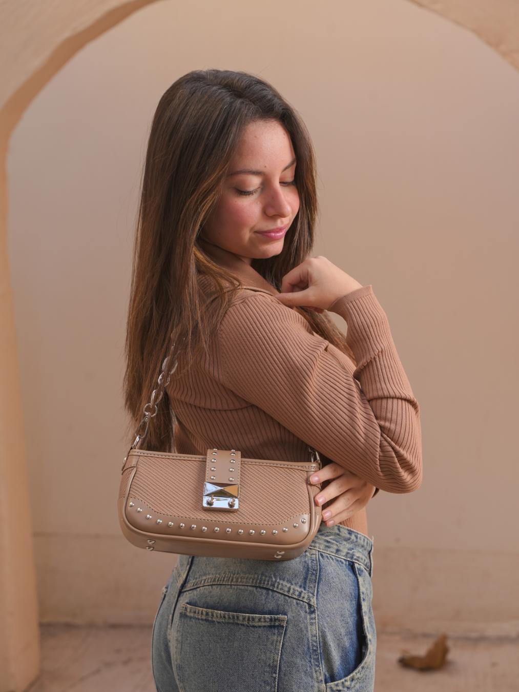 Tevano Studded Chain Shoulder Bag – Nude Beige Elegant Mini Bag