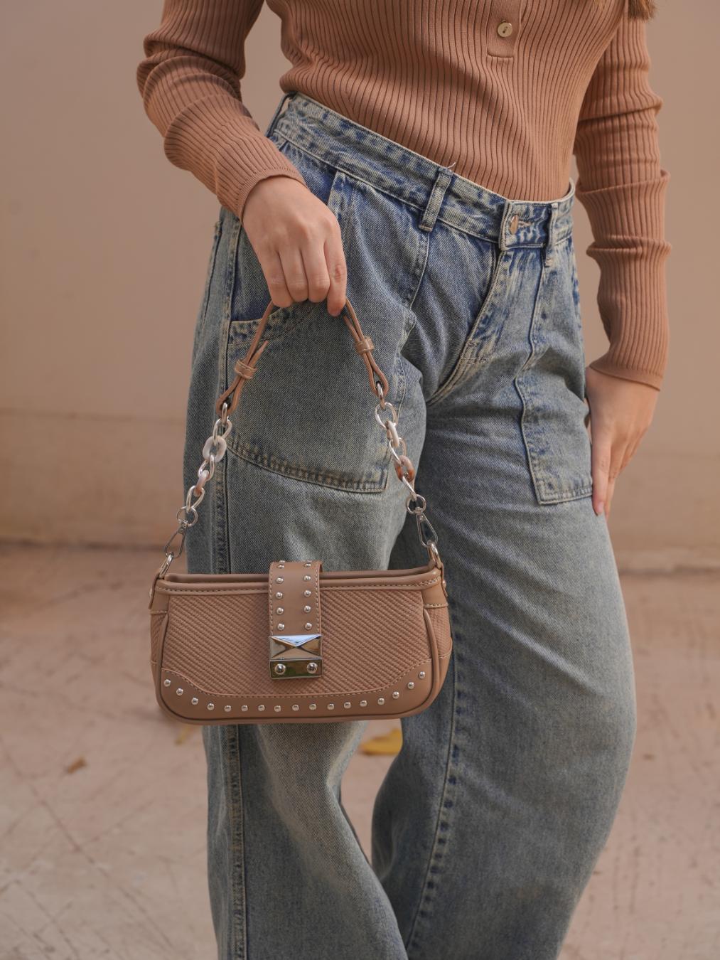 Tevano Studded Chain Shoulder Bag – Nude Beige Elegant Mini Bag