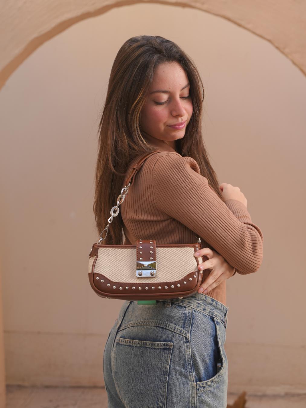 Tevano Mini Textured Shoulder Bag – Beige & Brown Elegant Crossbody