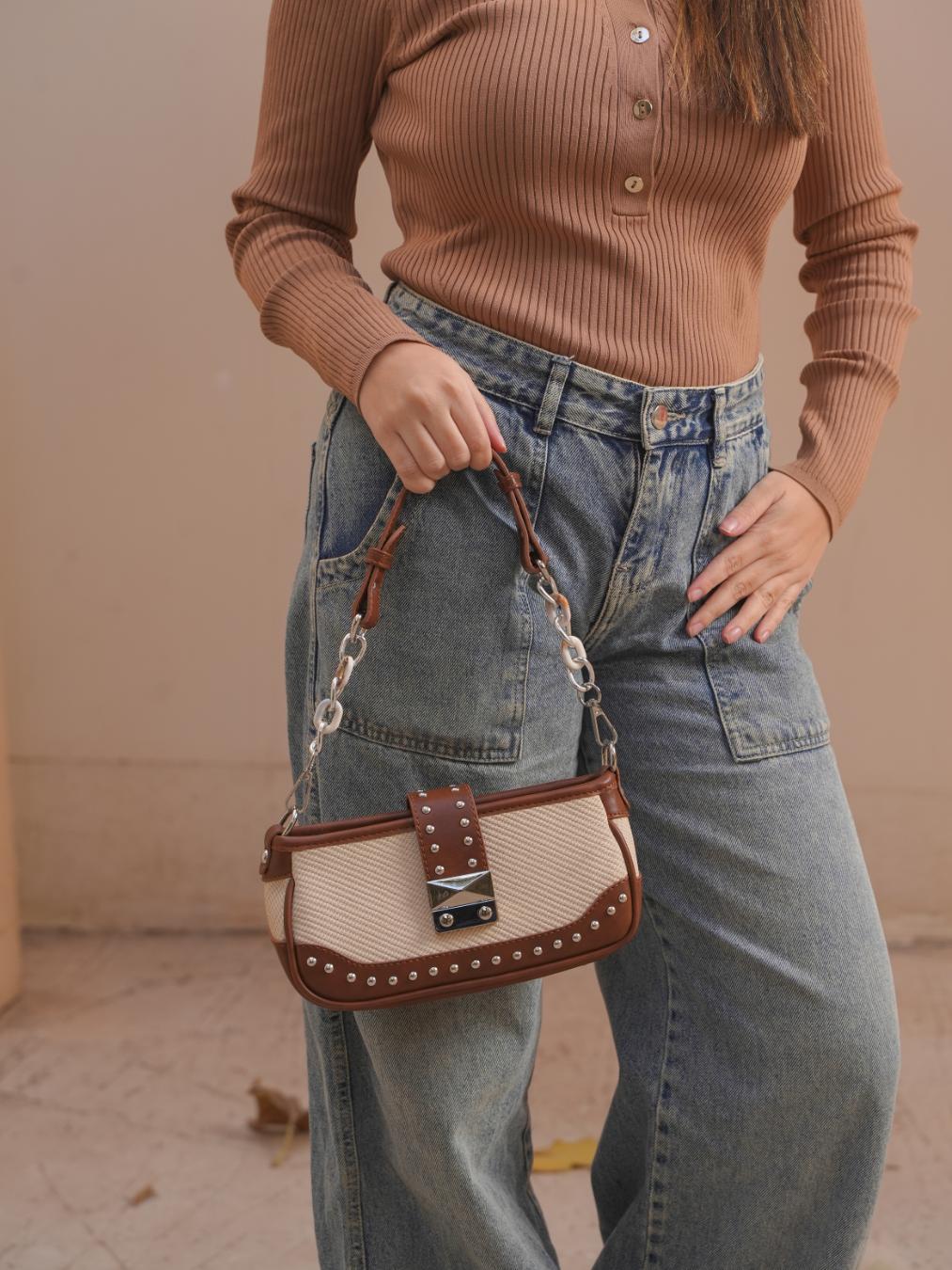 Tevano Mini Textured Shoulder Bag – Beige & Brown Elegant Crossbody