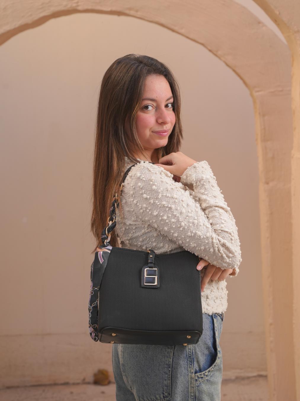 Luxe Shoulder Bag With Silk Scarf – Black