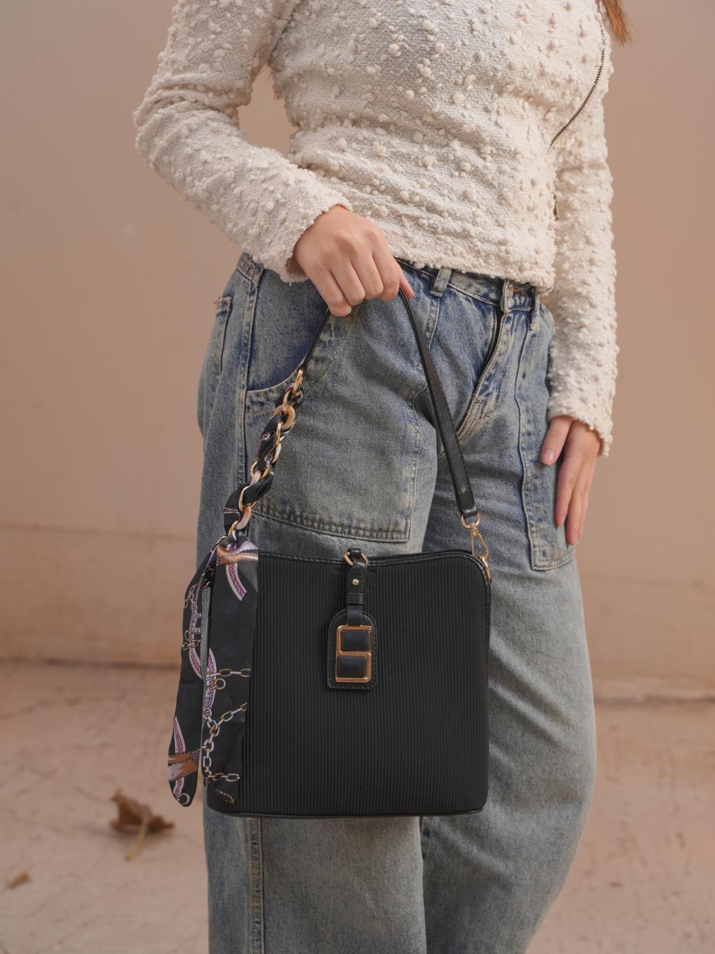 Luxe Shoulder Bag With Silk Scarf – Black