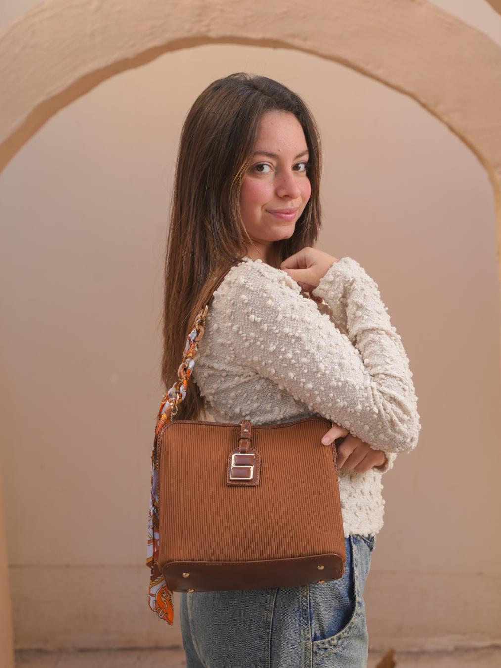 Luxe Shoulder Bag With Silk Scarf – Almond Brown