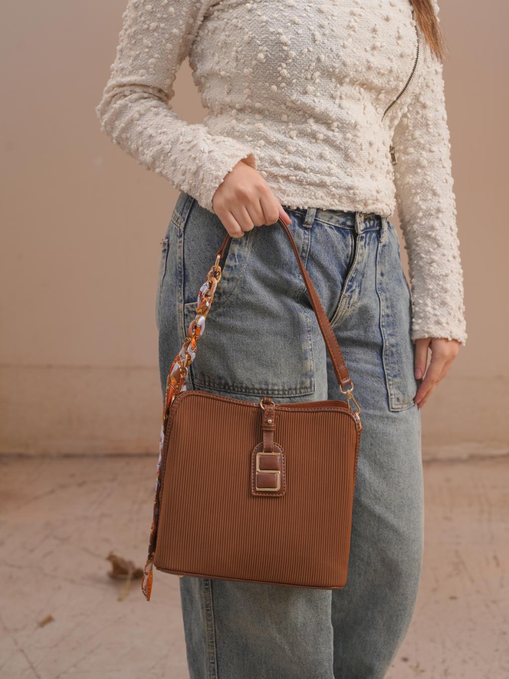 Luxe Shoulder Bag With Silk Scarf – Almond Brown