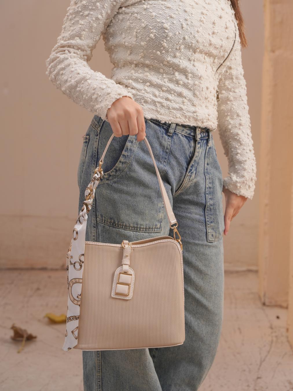 Luxe Shoulder Bag With Silk Scarf – Creamy Beige
