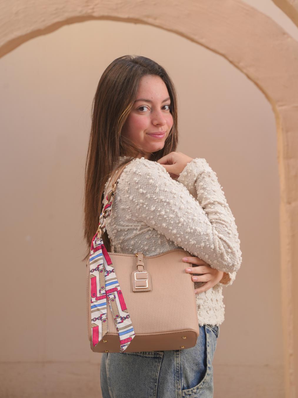 Luxe Shoulder Bag With Silk Scarf – Beige