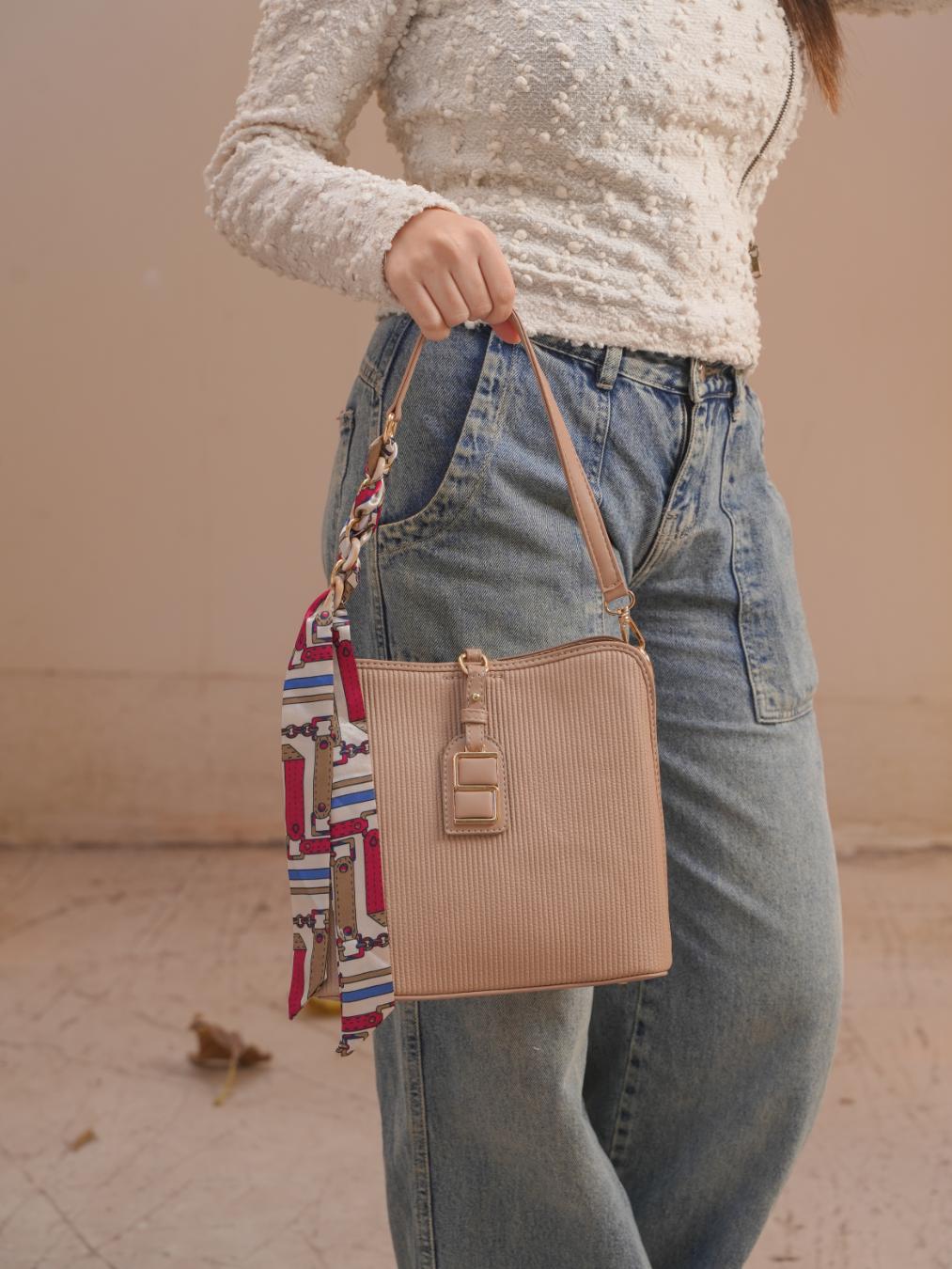Luxe Shoulder Bag With Silk Scarf – Beige