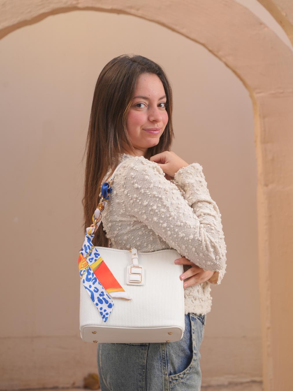 Luxe Shoulder Bag With Silk Scarf – White