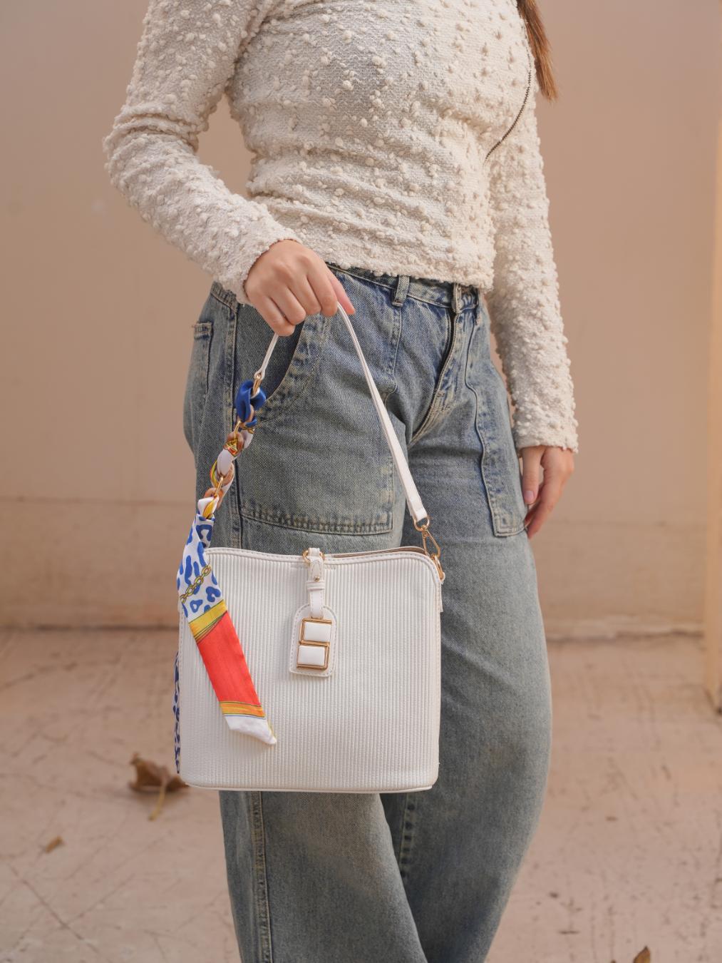 Luxe Shoulder Bag With Silk Scarf – White