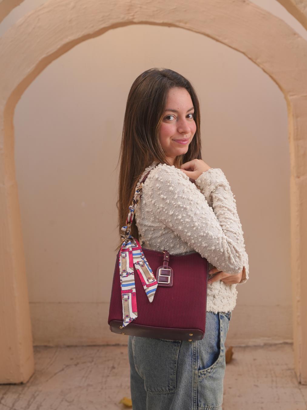 Luxe Shoulder Bag With Silk Scarf – Burgundy