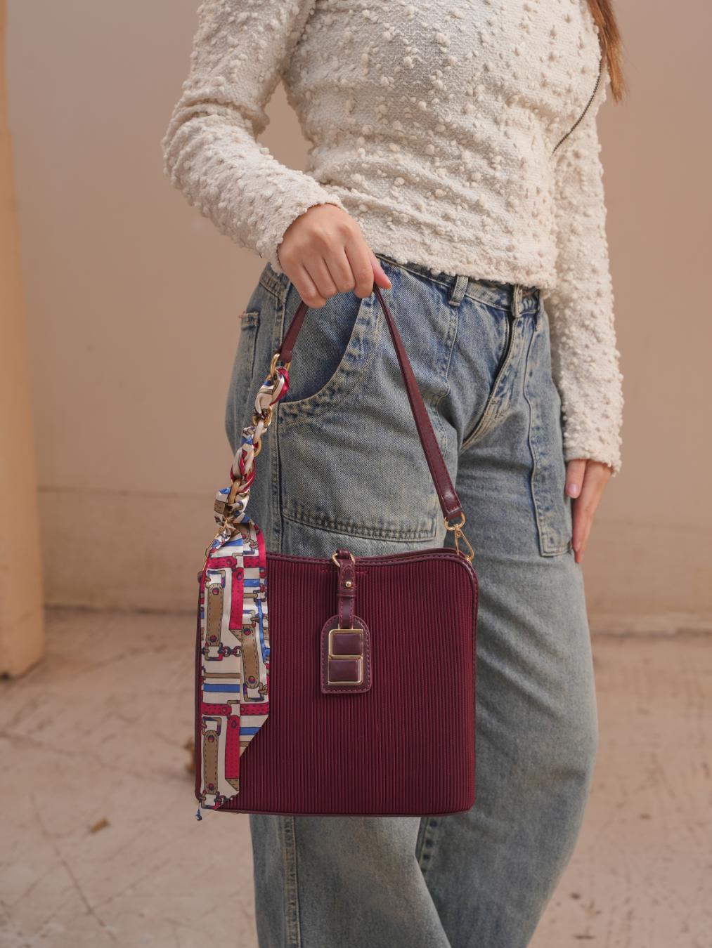 Luxe Shoulder Bag With Silk Scarf – Burgundy