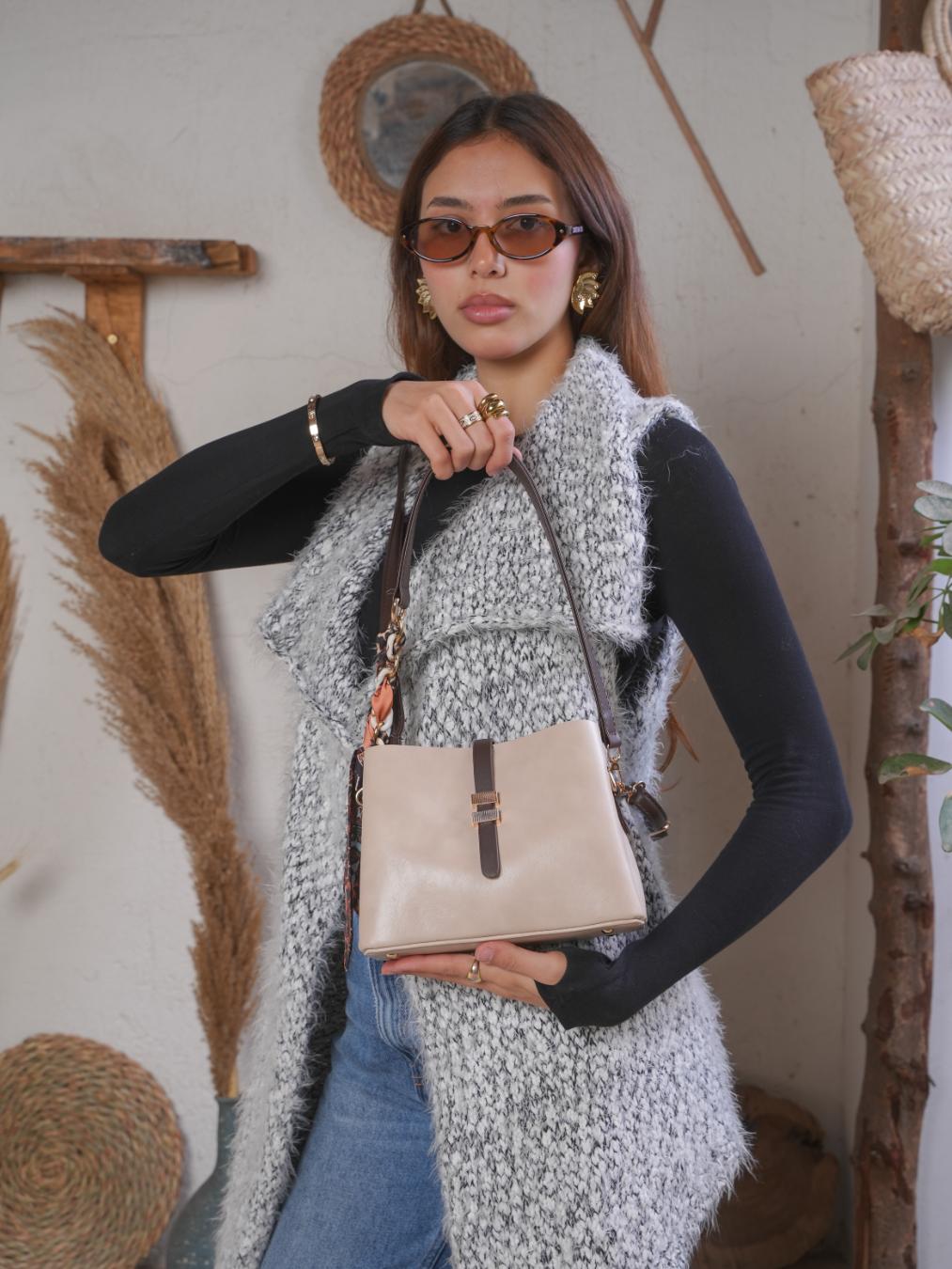 Velora Crossbody Bag With Silk Scarf - Beige