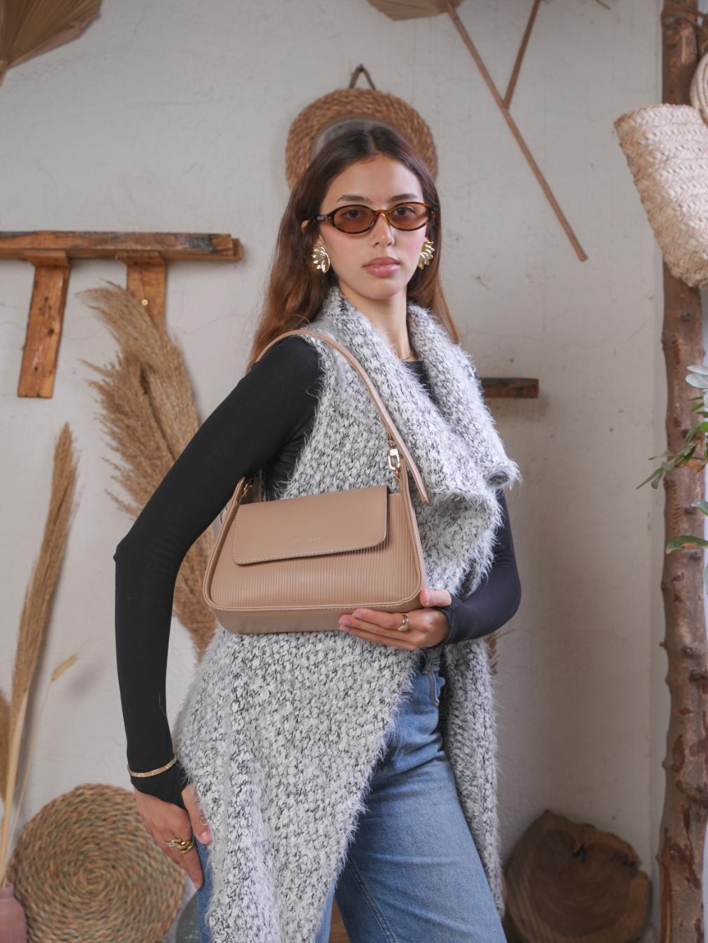 Ribbed Shoulder Bag – Soft Beige