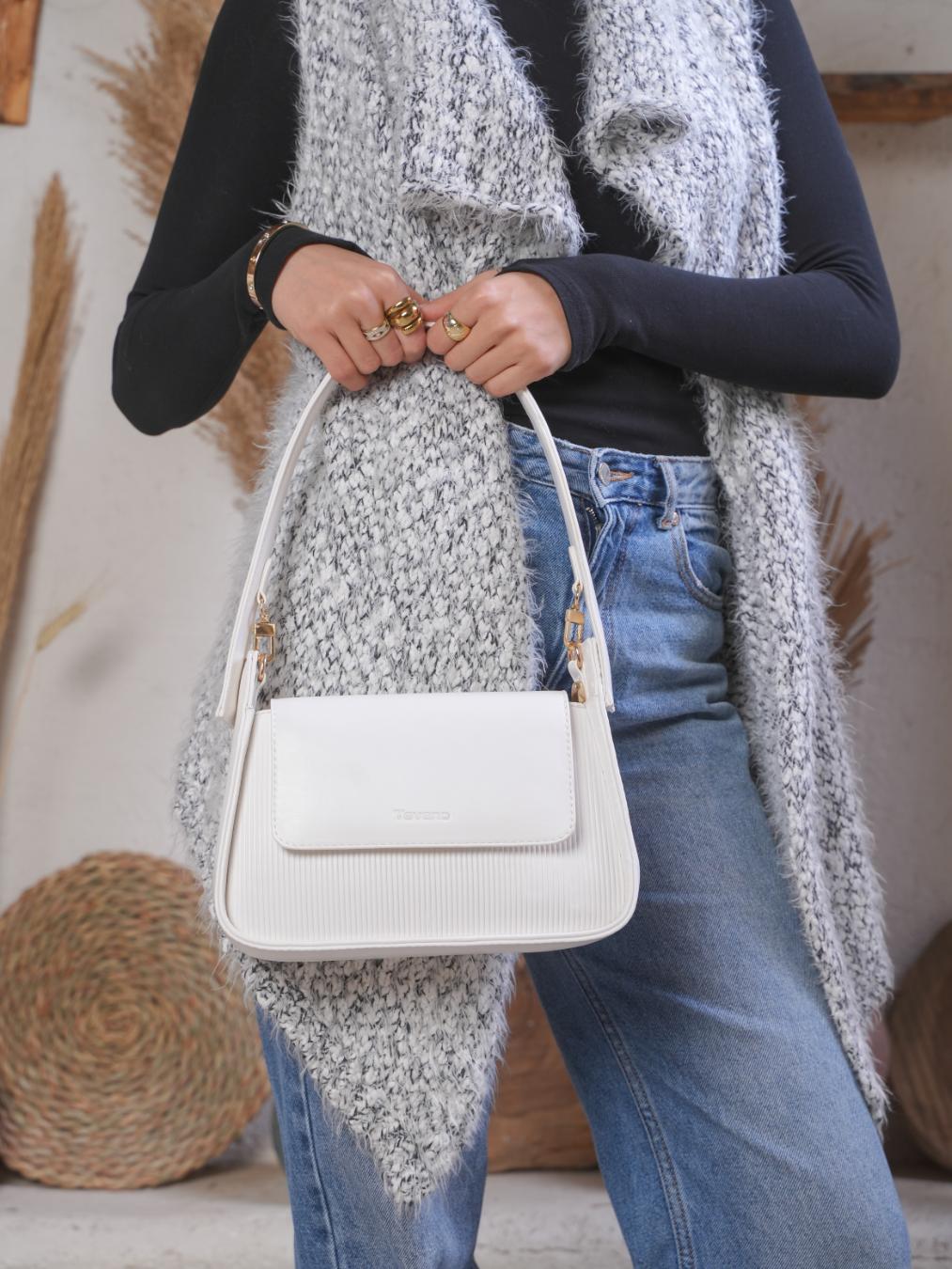 Ribbed Shoulder Bag – White