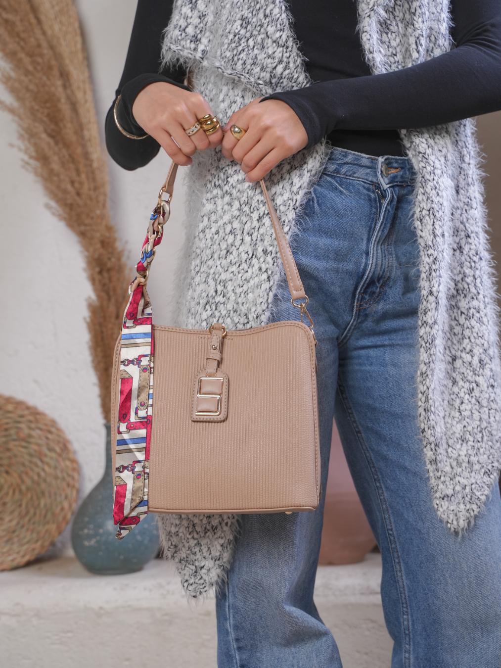 Luxe Shoulder Bag With Silk Scarf – Beige