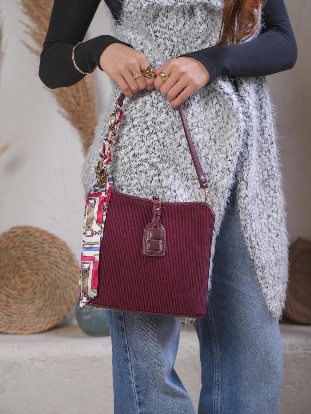 Luxe Shoulder Bag With Silk Scarf – Burgundy