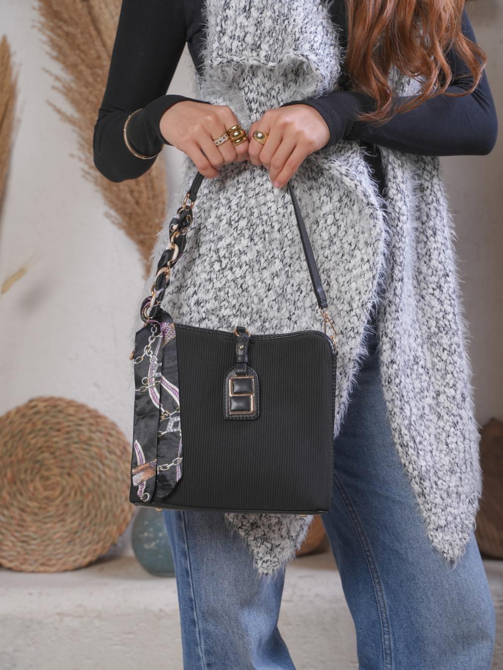 Luxe Shoulder Bag With Silk Scarf – Black